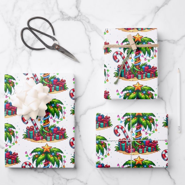 Tropical Christmas Palm Tree Muster Geschenkpapier Set (Vorderseite)