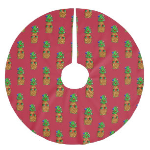 Tropical Christmas Pineapple Warm Xmas on Red Polyester Weihnachtsbaumdecke
