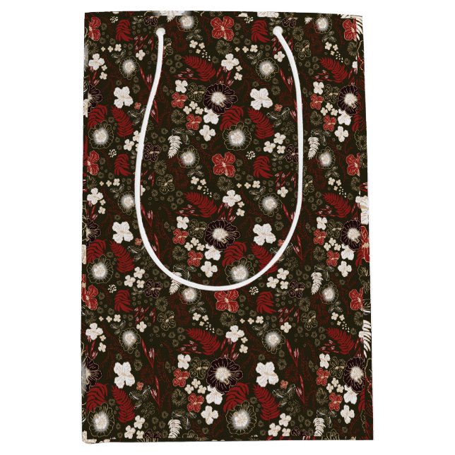 Tropical Christmas Red Sage Black Hibiscus Floral Mittlere Geschenktüte (Vorderseite)