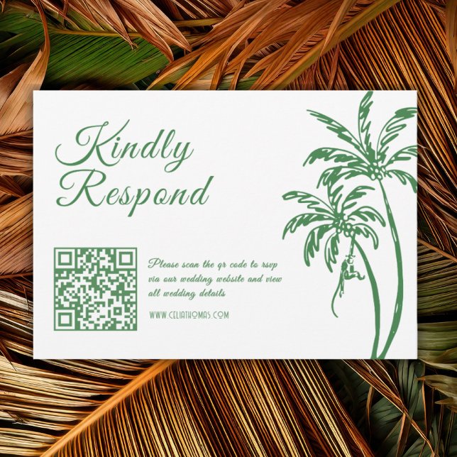 Tropical Coastal Retro Beach Green Wedding QR Code RSVP Karte (Von Creator hochgeladen)