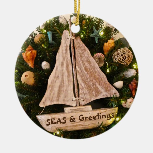 Tropical Coastal SEAS & Greetings Beach Christmas Keramik Ornament (Vorne)