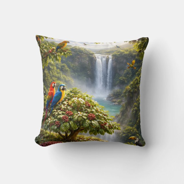 Tropical Coffee Paradise – Waterfall & Parrots Kissen (Vorderseite)