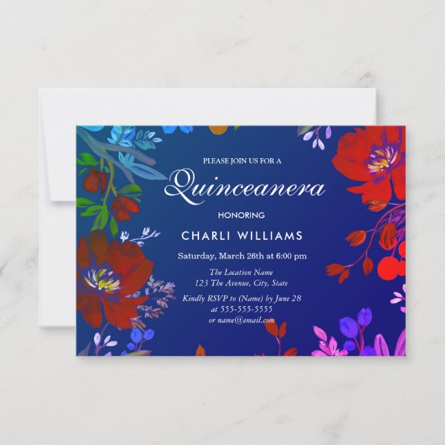 Tropical Colorful Blue Red Quinceanera laden Einladung (Vorderseite)