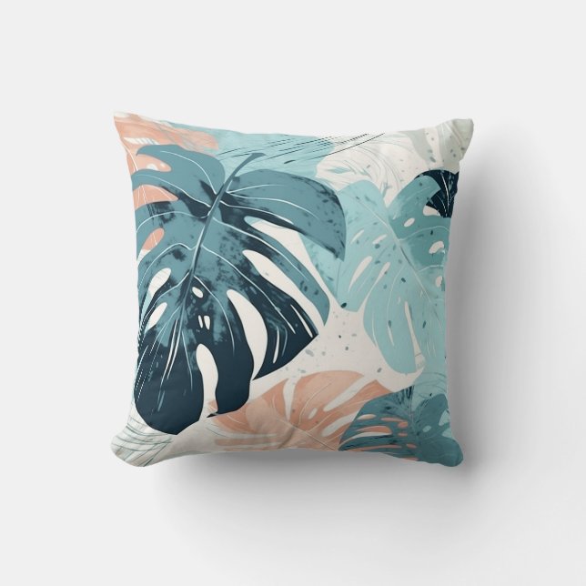 Tropical Coral Aquamarin Pink Leaf Blätter Moderne Kissen (Vorderseite)