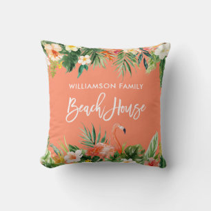 Tropical Coral Floral Brush Script Beach House Kissen