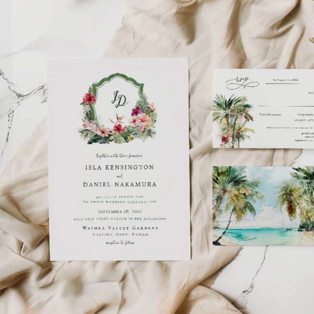 Tropical Crest Hibiscus Hawaii Destination Wedding Einladung (Von Creator hochgeladen)