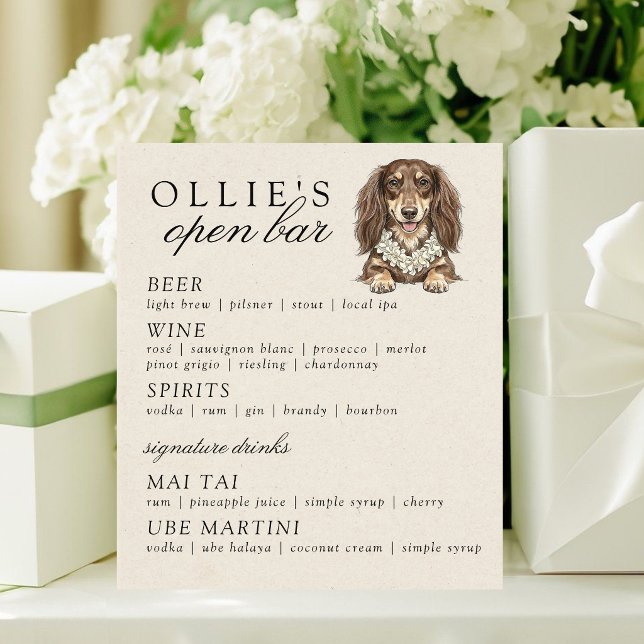 Tropical Dachshund Wedding Open Bar Menu Sockelschild (Tropical Dachshund Wedding Open Bar Menu Pedestal Sign)