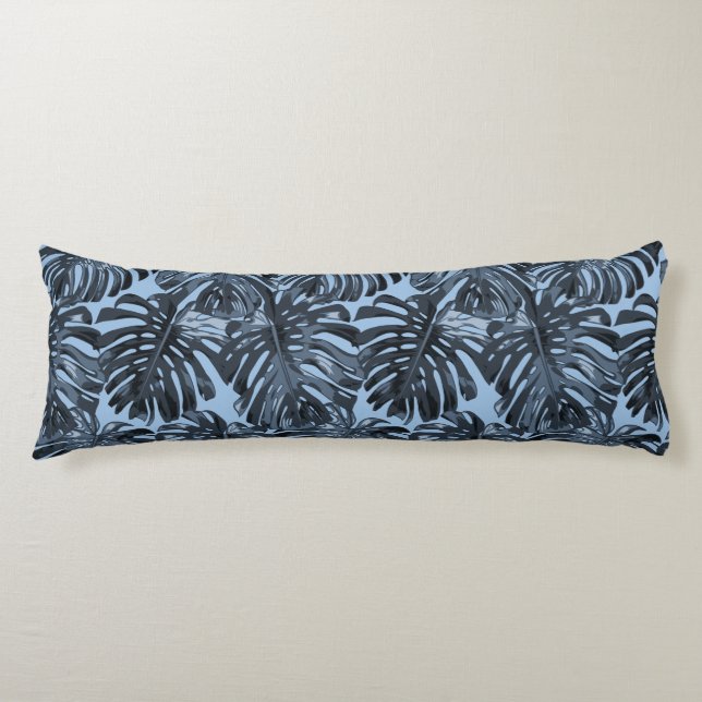 Tropical Dark Blue Gray Monstera Dschungel Blätter Seitenschläferkissen (Vorderseite)
