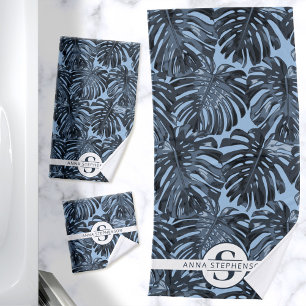 Tropical Dark Blue Palm Feuilles Nom du monogramme
