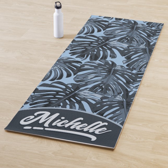 Tropical Dark Gray Blue Dschungel Blätter Name Yogamatte (Beispiel)
