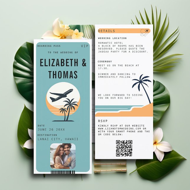 Tropical Destination Beach Modernes Foto Hochzeit Einladung (tropical beach destination wedding invitation boarding pass qr code all in one photo modern)