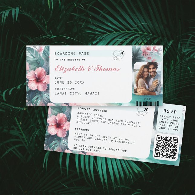 Tropical Destination Boarding Pass Foto Hochzeit Einladung (tropical destination wedding invitation ticket floral hibiscus watercolor qr code photo all in one)