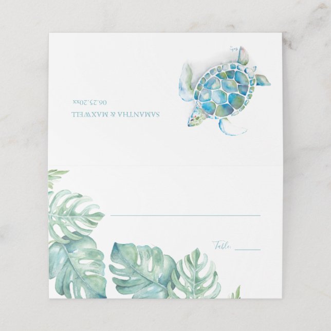 Tropical Destination Wedding Place Card Sea Turtle Platzkarte (Außenseite Aufgefaltet)