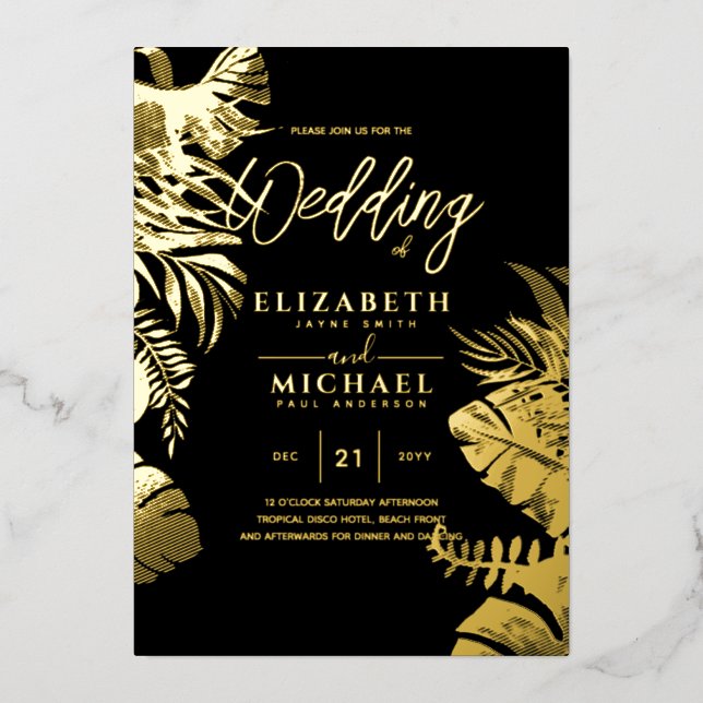Tropical Disco Faire-part de mariage Gold Black Fo (Recto)