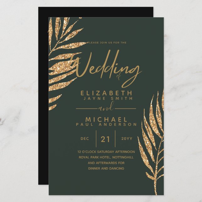 Tropical Disco Wedding Invitation Gold Blätter (Vorne/Hinten)