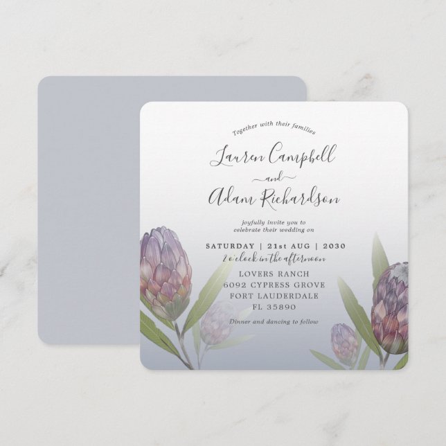 Tropical Dusty Blue & Lila Floral Wedding Einladung (Vorne/Hinten)