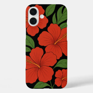 Tropical Elegance Roter Hibiskus auf Schwarz iPhone 16 Plus Hülle
