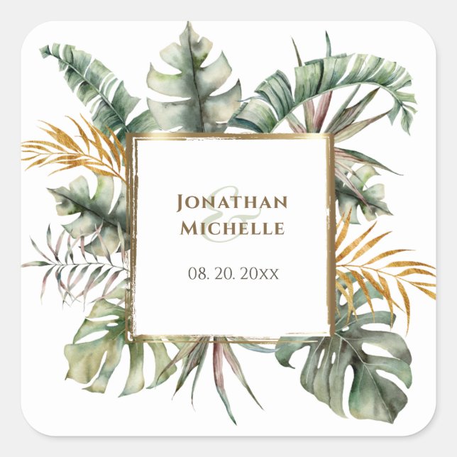 Tropical Elegant Green Gold Palms Hochzeit Quadratischer Aufkleber (Vorderseite)