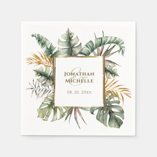Tropical Elegant Green Palms Gold Frame Wedding Serviette (Vorderseite)