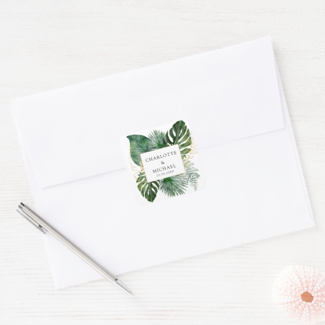 Tropical Elegante Pflanze Trending Wedding Quadratischer Aufkleber (Umschlag)