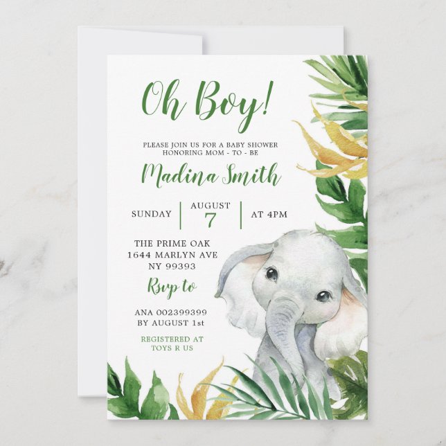 Tropical Elephant Boy Baby Shower Einladung (Vorderseite)