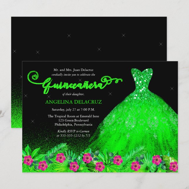 Tropical Emerald Green Spanish Gown Quinceañera Einladung (Vorne/Hinten)