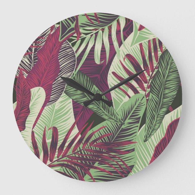 Tropical Exotic: Trendy Green Seamless Große Wanduhr (Vorderseite)