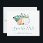 Tropical Fall Baby Dusche Save the Date<br><div class="desc">Ankündigen Sie Ihre Babydusche mit meinen tropischen Save the Date Einladungen mit den Worten Rett Our Date in einem trendigen Schriftzeichen-Stil, der das Aussehen der Handschrift erinnert. Diese einfache Karte zeigt eine Nachbildung meines original Aquarellfuchs mit Monstera-Blätter und weißem Kürbis mit Ihren Namen, Duschdatum und Ort. Die Karten werden in...</div>