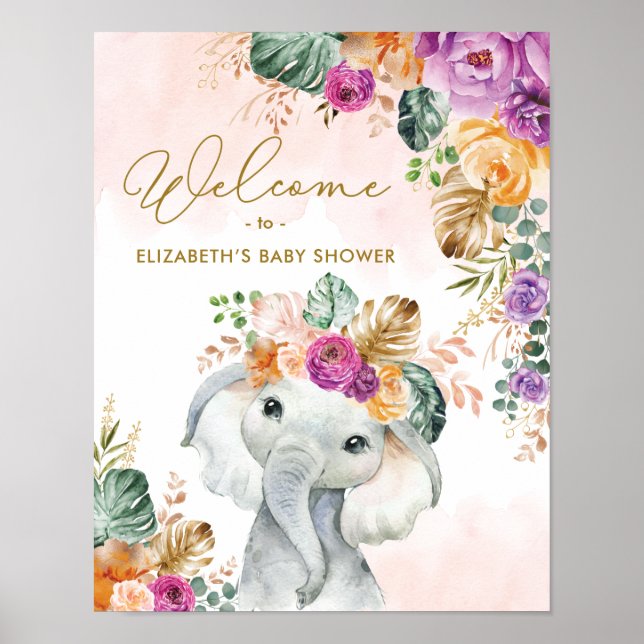 Tropical Fall Floral Elephant Baby Dusche Willkomm Poster (Vorne)