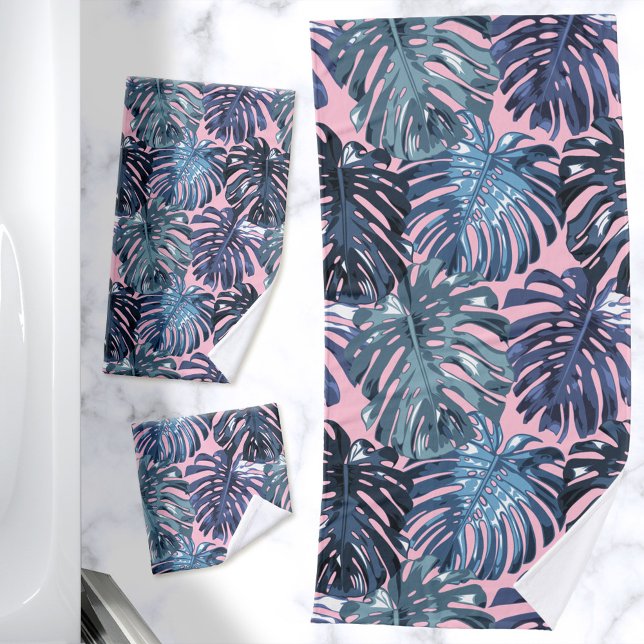 Tropical Feminine Blue Pink Jungle Feuilles (Blue and pink jungle leaves bath towel set)