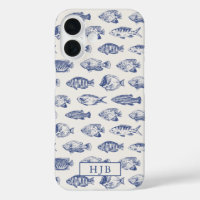 Tropical Fish Blue Sketch Monogram iPhone 16 Fall