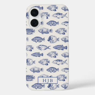 Tropical Fish Blue Sketch Monogram iPhone 16 Fall Hülle