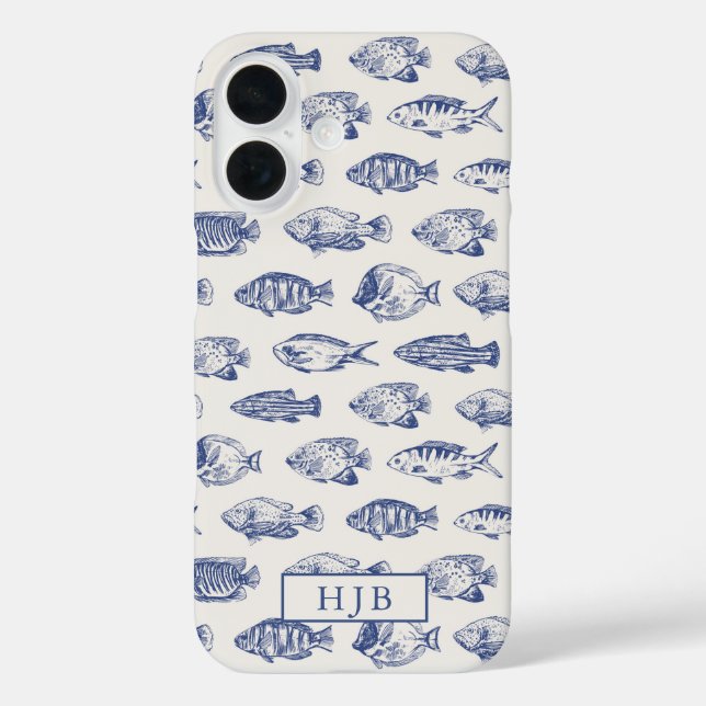 Tropical Fish Blue Sketch Monogram iPhone 16 Fall Hülle (Rückseite)