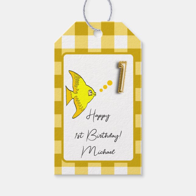 Tropical Fish Yellow Gingham Happy 1. Geburtstag Geschenkanhänger (Vorderseite)