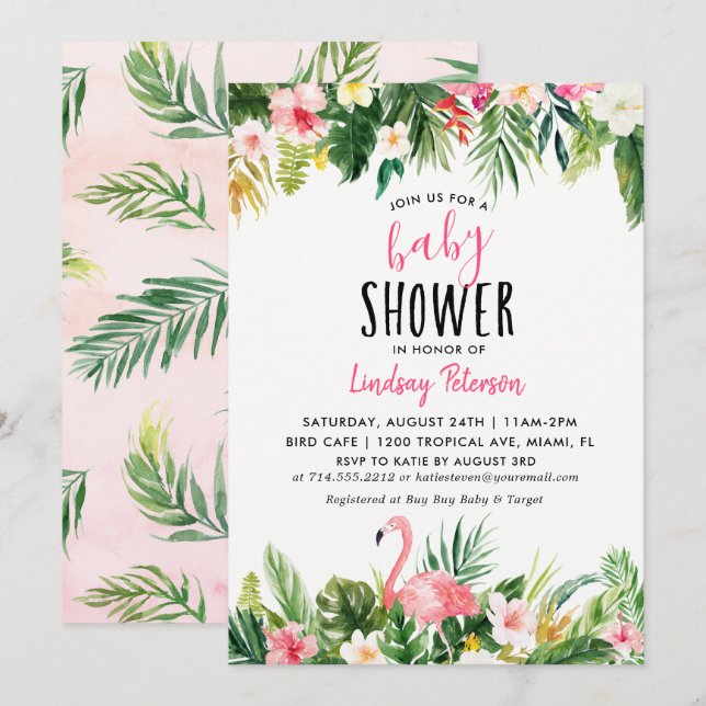 Tropical Flamingo Baby Shower Einladungskarte (Vorne/Hinten)