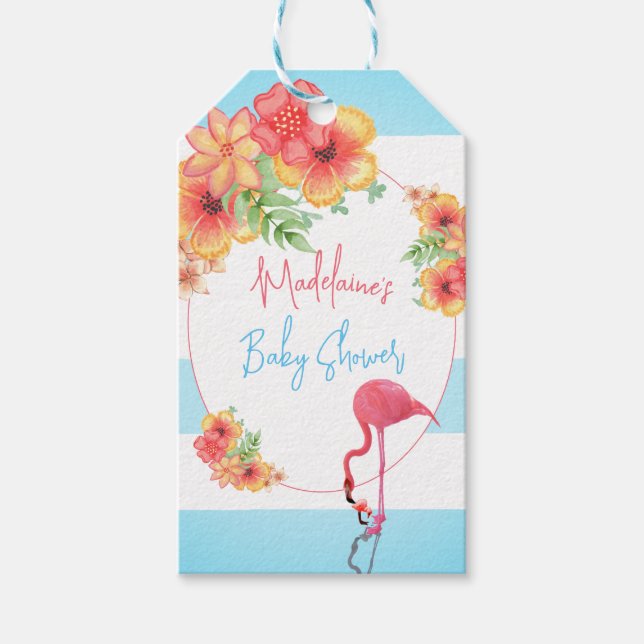 Tropical Flamingo Blue Stripe Baby Dusche Geschenkanhänger (Vorderseite)