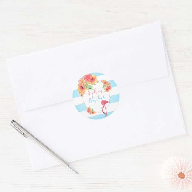 Tropical Flamingo Blue Stripe Baby Dusche Runder Aufkleber (Umschlag)