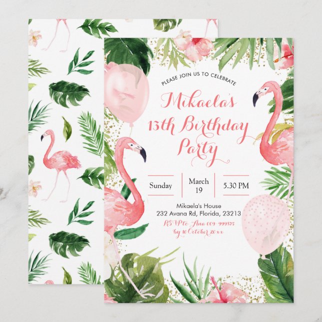Tropical Flamingo Blush Pink Ballon Geburtstag Einladung (Vorne/Hinten)