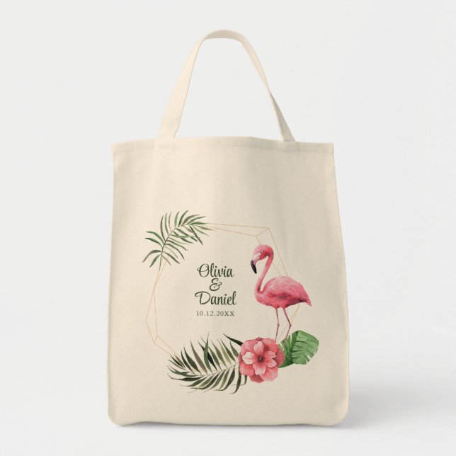 Tropical Flamingo Couple Names Wedding Tragetasche (Vorne)