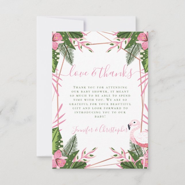 Tropical Flamingo Couple's Baby Shower Dankeskarte (Vorderseite)