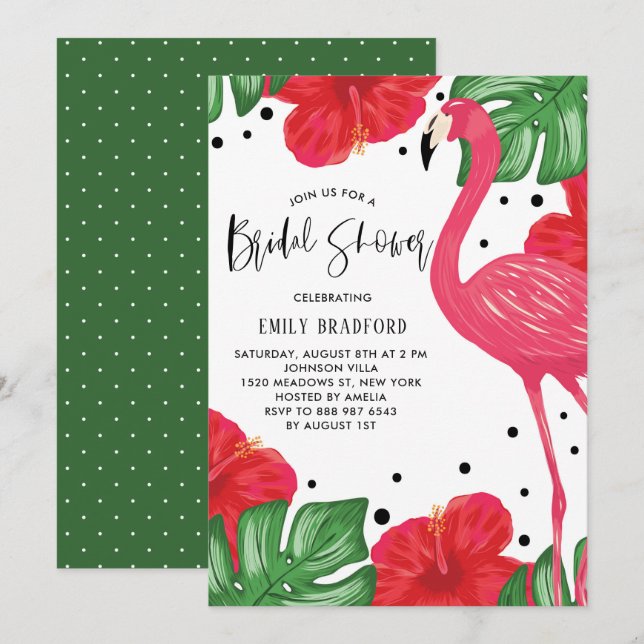Tropical Flamingo Floral Bridal Dusche Einladung (Vorne/Hinten)