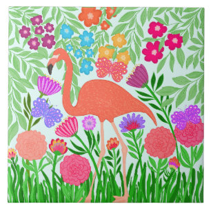 Tropical Flamingo Floral Butterfly Garden Fliese