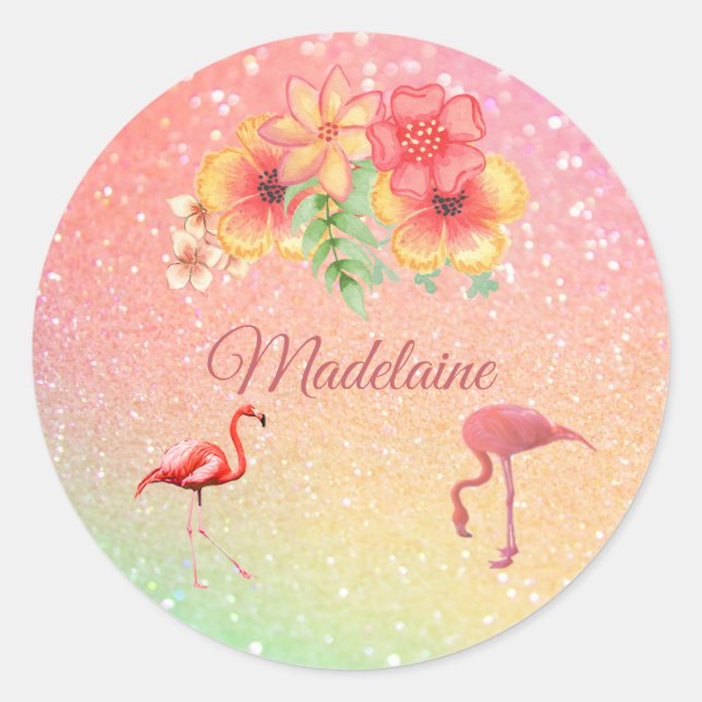 Tropical Flamingo Glitzer Floral Personal Runder Aufkleber (Vorderseite)