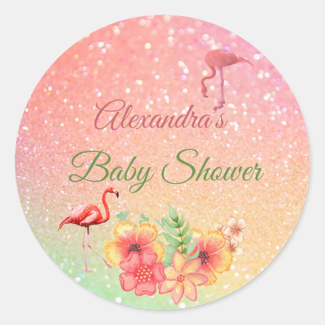 Tropical Flamingo Glitzer Pink Baby Dusche Runder Aufkleber (Vorderseite)