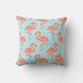 Tropical Flamingo Greek Key Coral & Turq Monogram Kissen
