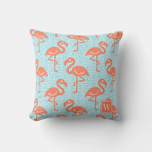 Tropical Flamingo Greek Key Coral & Turq Monogram Kissen (Vorderseite)