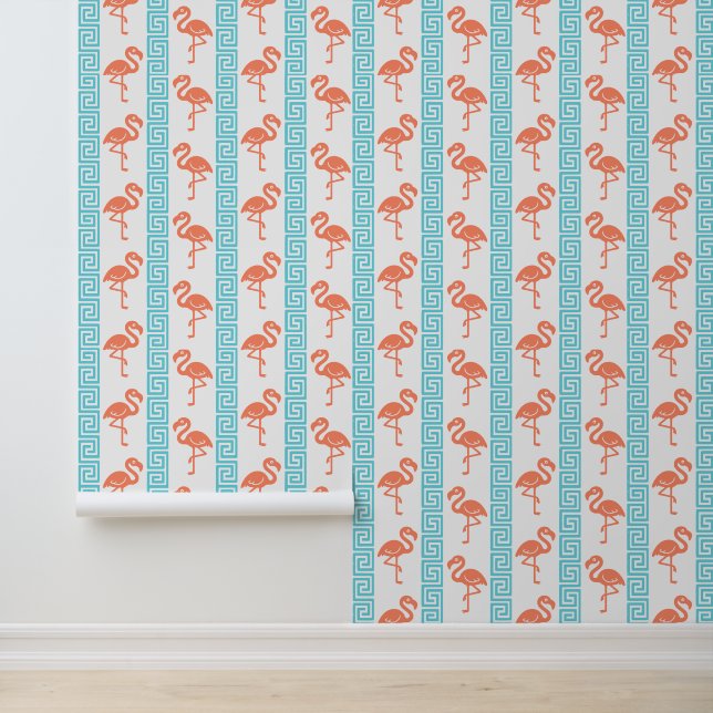 Tropical Flamingo - Greek Key Coral & Turquoise Tapete (Anwendung)