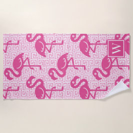 Tropical Flamingo - Greek Key Hot Pink Monogram Strandtuch