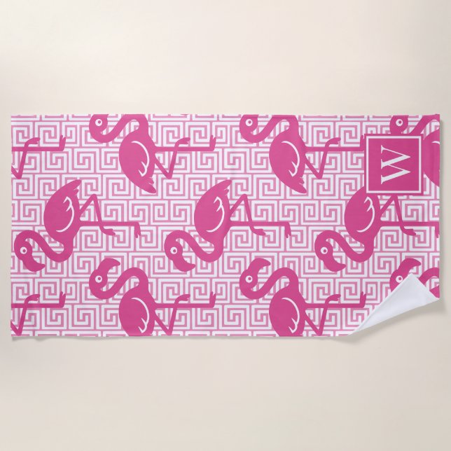 Tropical Flamingo - Greek Key Hot Pink Monogram Strandtuch (Vorderseite)