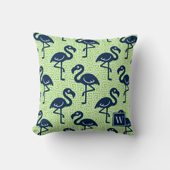 Tropical Flamingo Greek Key - Lime & Navy Monogram Kissen (Vorderseite)
